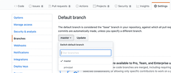Updating the default branch on Github